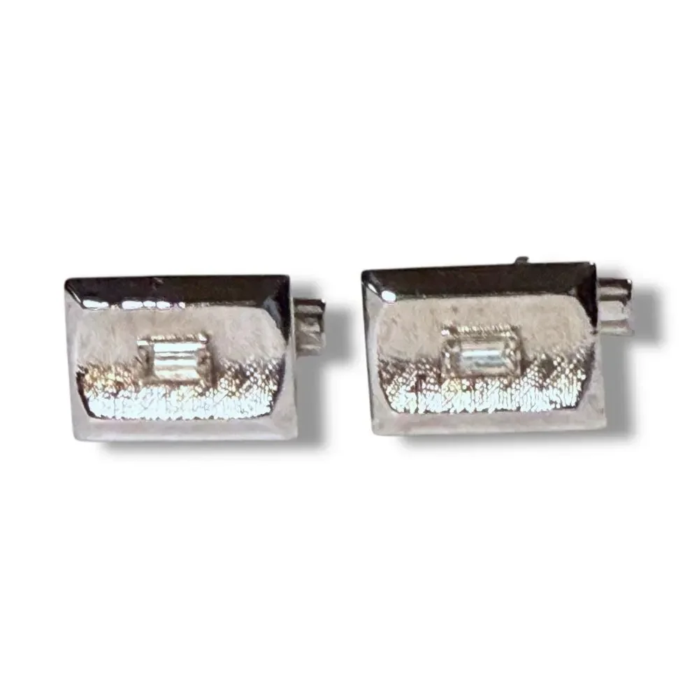 VTG Pioneer Cufflinks Mens Silver Tone Emerald Cut Glass Jewels Bullet Locking